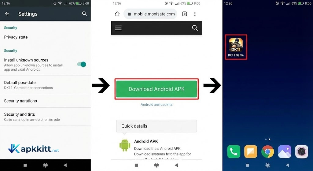 A simple three-step process to get started: enable unknown sources, download the APK from the official site, and install the DK11 Game app.